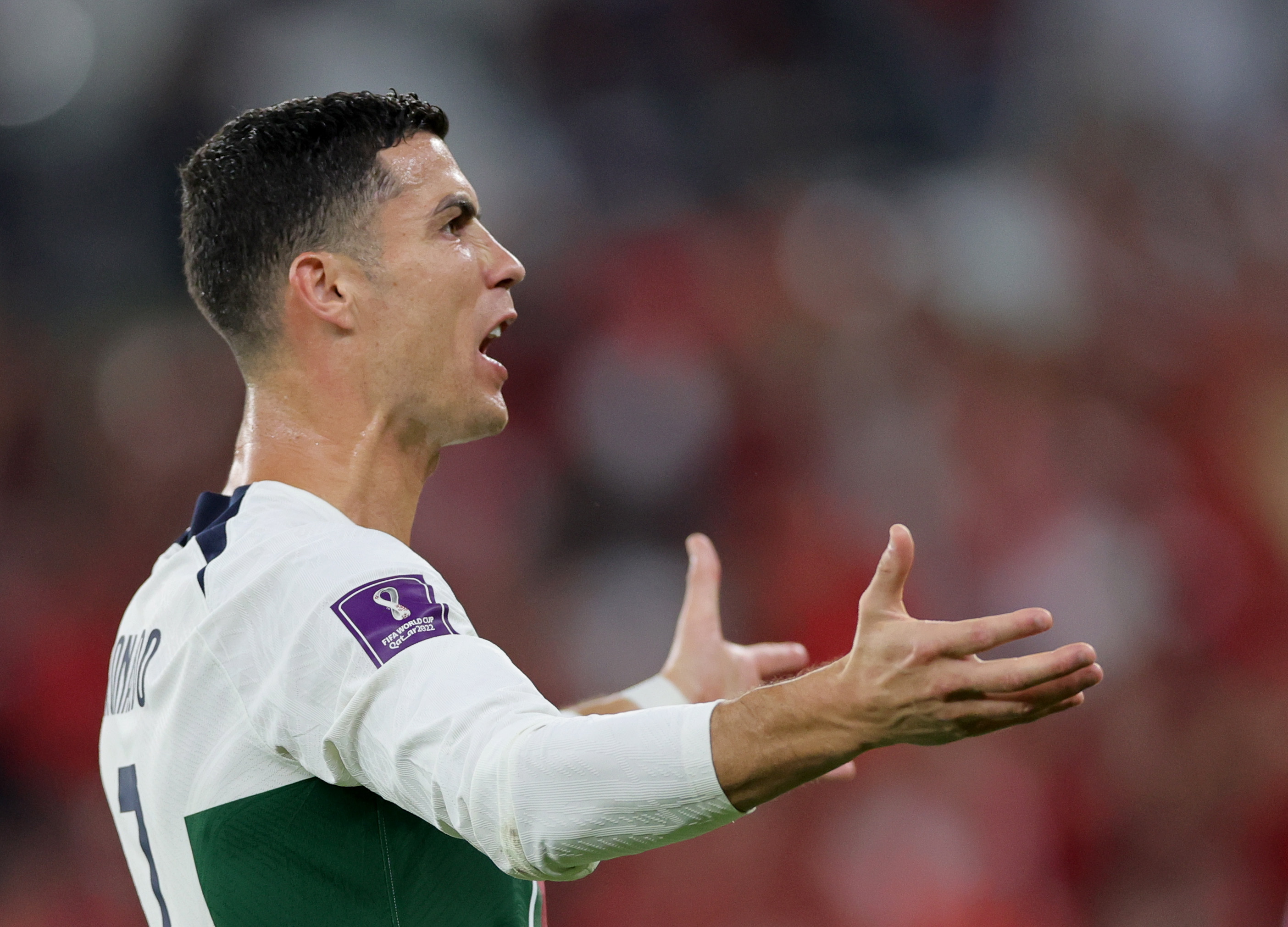Doha (Qatar), 10/12/2022.- Cristiano Ronaldo of Portugal reacts during the FIFA World Cup 2022 quarter final soccer match between Morocco and Portugal at Al Thumama Stadium in Doha, Qatar, 10 December 2022. (Mundial de Fútbol, Marruecos, Catar) EFE/EPA/Abir Sultan