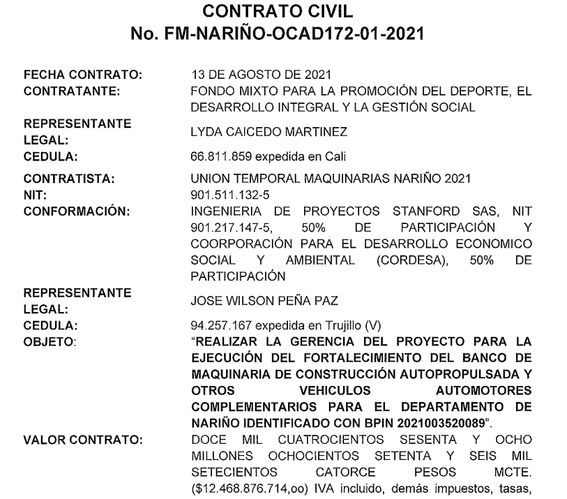 Contrato entregado a Unión Temporal Maquinarias Nariño 2021