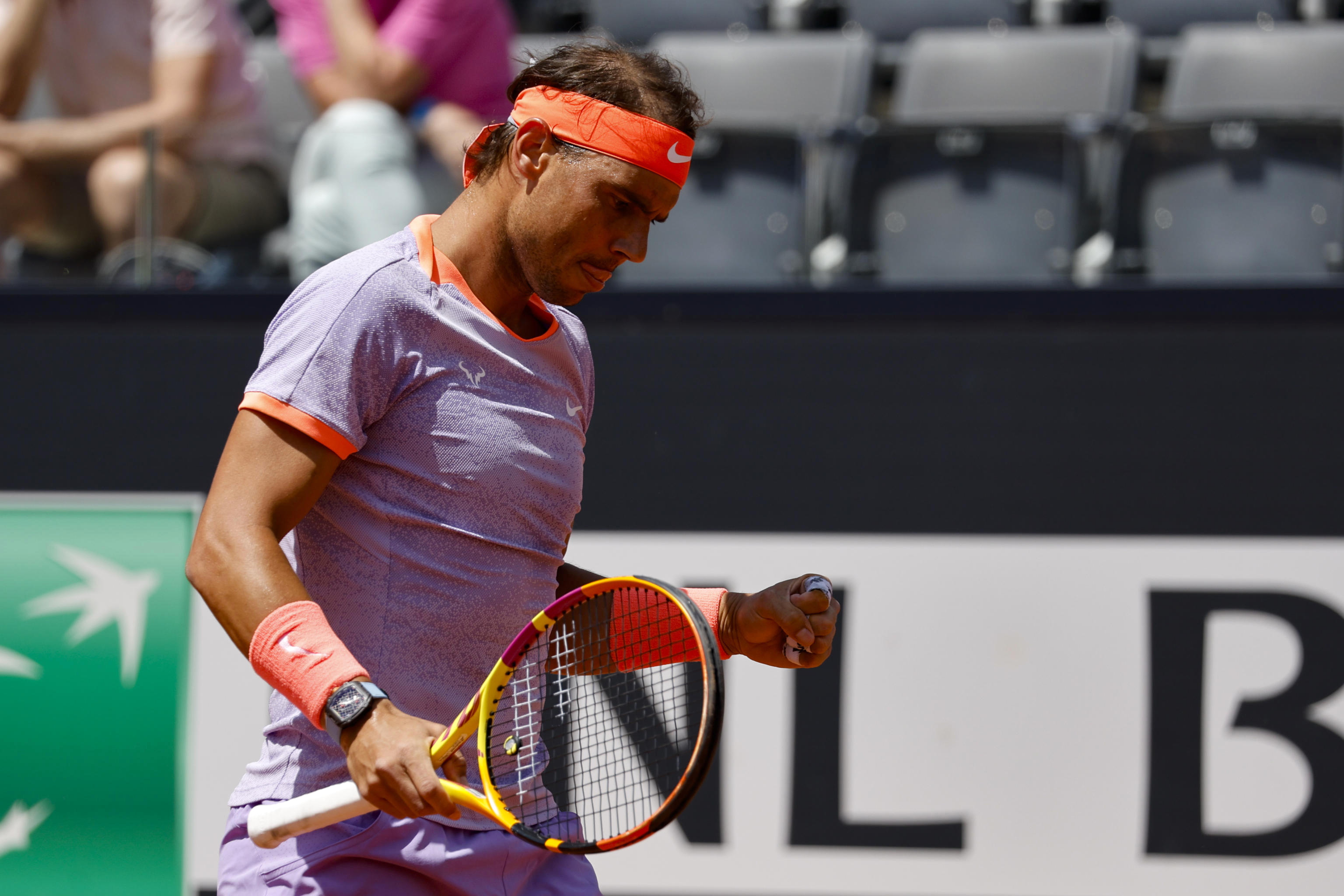 Rome (Italy), 09/05/2024.- Rafael Nadal of Spain reacts during his men's singles 1st round match against Zizou Bergs of Belgium at the Italian Open tennis tournament in Rome, Italy, 09 May 2024. (Tenis, Bélgica, Italia, España, Roma) EFE/EPA/FABIO FRUSTACI