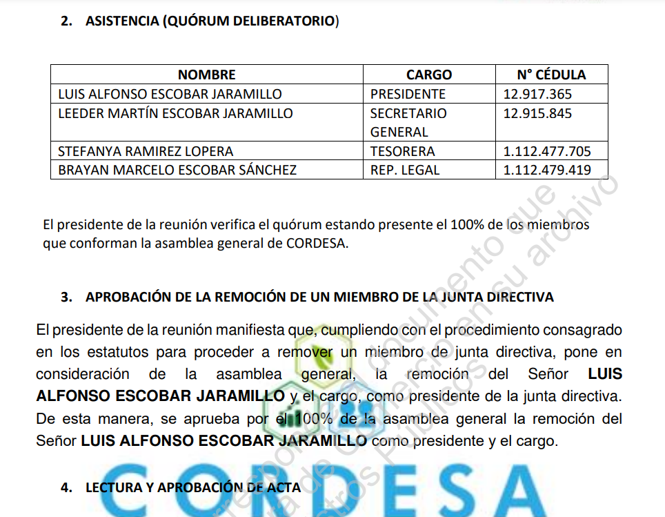 Acta de asamblea de asociados de Cordesa en la que se acepta la renuncia de Luis Alfonso Escobar.