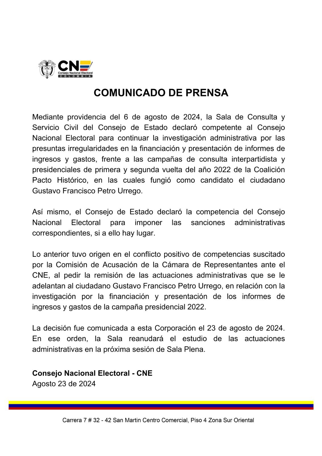 Este es el comunicado del CNE.