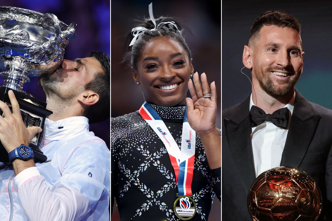 El tenista Novak Djokovic (izq.), la gimnasta Simone Biles y el futbolista Lionel Messi.