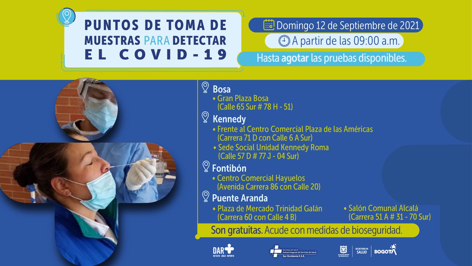 ¿Dónde hay pruebas gratuitas para COVID-19 este domingo en Bogotá?