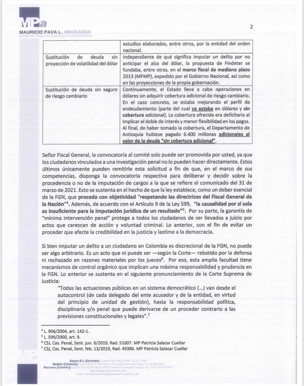 Carta enviada por el abogado de Sergio Fajardo a la Fiscalía General de la Nación.