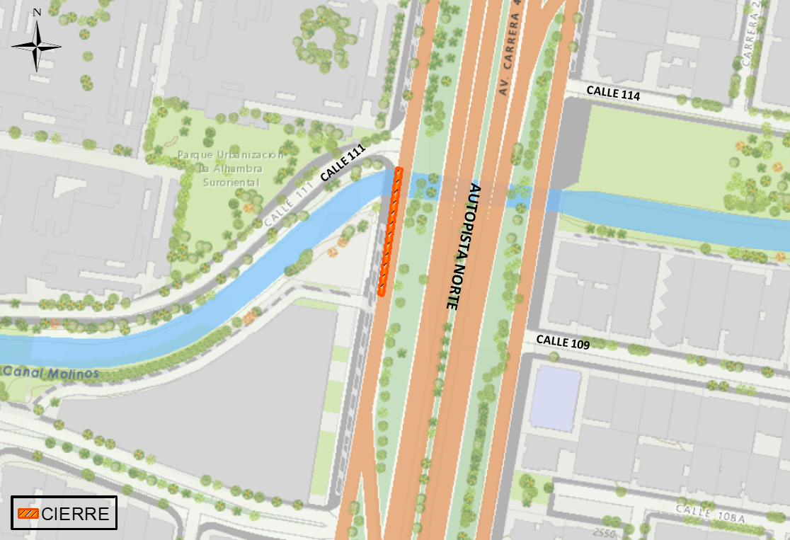 Cierre temporal del carril occidental de la Autopista Norte con calle 109