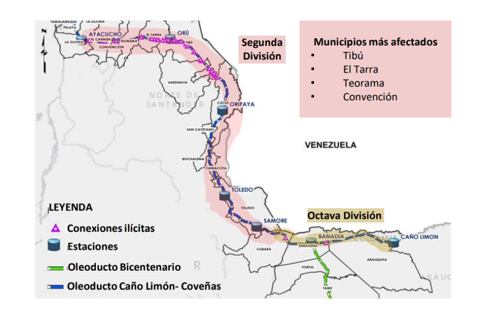 Mapa del Oleoducto Caño Limón y las conexiones ilícitas en su trazado. /archivo particular.