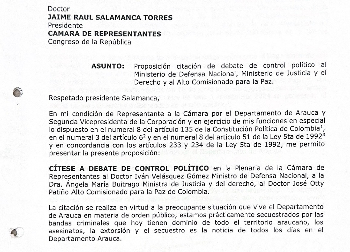 En los próximos días se agendará el debate de control político contra los ministerios de Defensa y de Justicia.