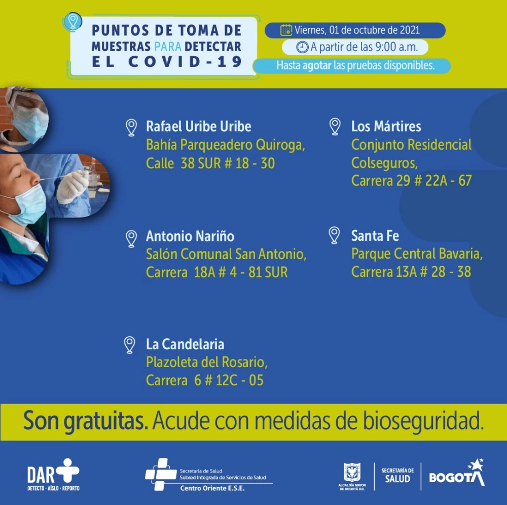 Estos son los puntos para toma de pruebas COVID-19 este viernes en Bogotá.
