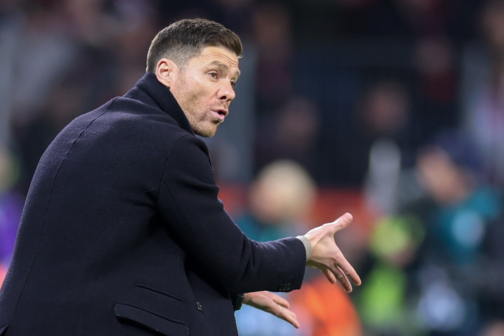 Leverkusen (Germany), 06/02/2024.- Leverkusen's head coach Xabi Alonso gestures during the German DFB Cup quarter final soccer match between Bayer 04 Leverkusen and VfB Stuttgart in Leverkusen, Germany, 06 February 2024. (Alemania) EFE/EPA/Christopher Neundorf CONDITIONS - ATTENTION: The DFB regulations prohibit any use of photographs as image sequences and/or quasi-video.