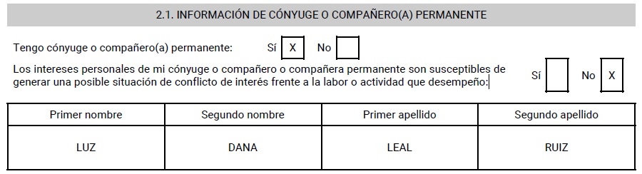 Declaración de conflicto de intereses de Carlos Ramón González, frente a la labor de su esposa Luz Dana Leal.