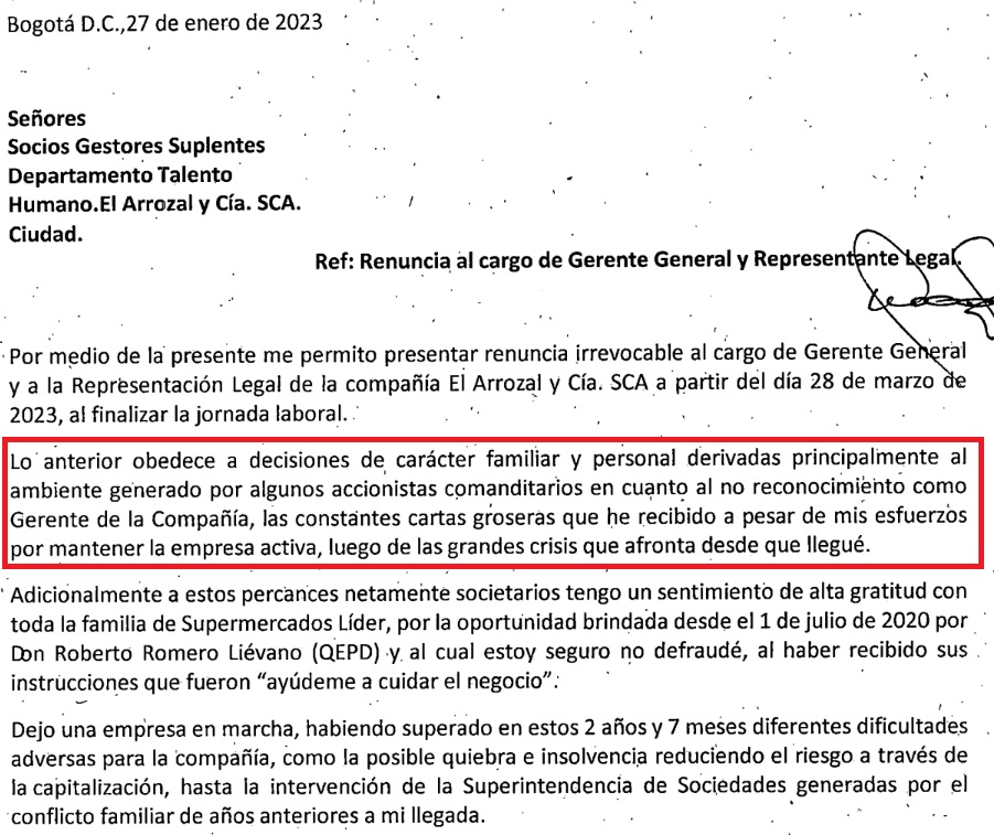 Carta de renuncia al cargo de gerente general por parte de Winston Darío Hernández Parrado.