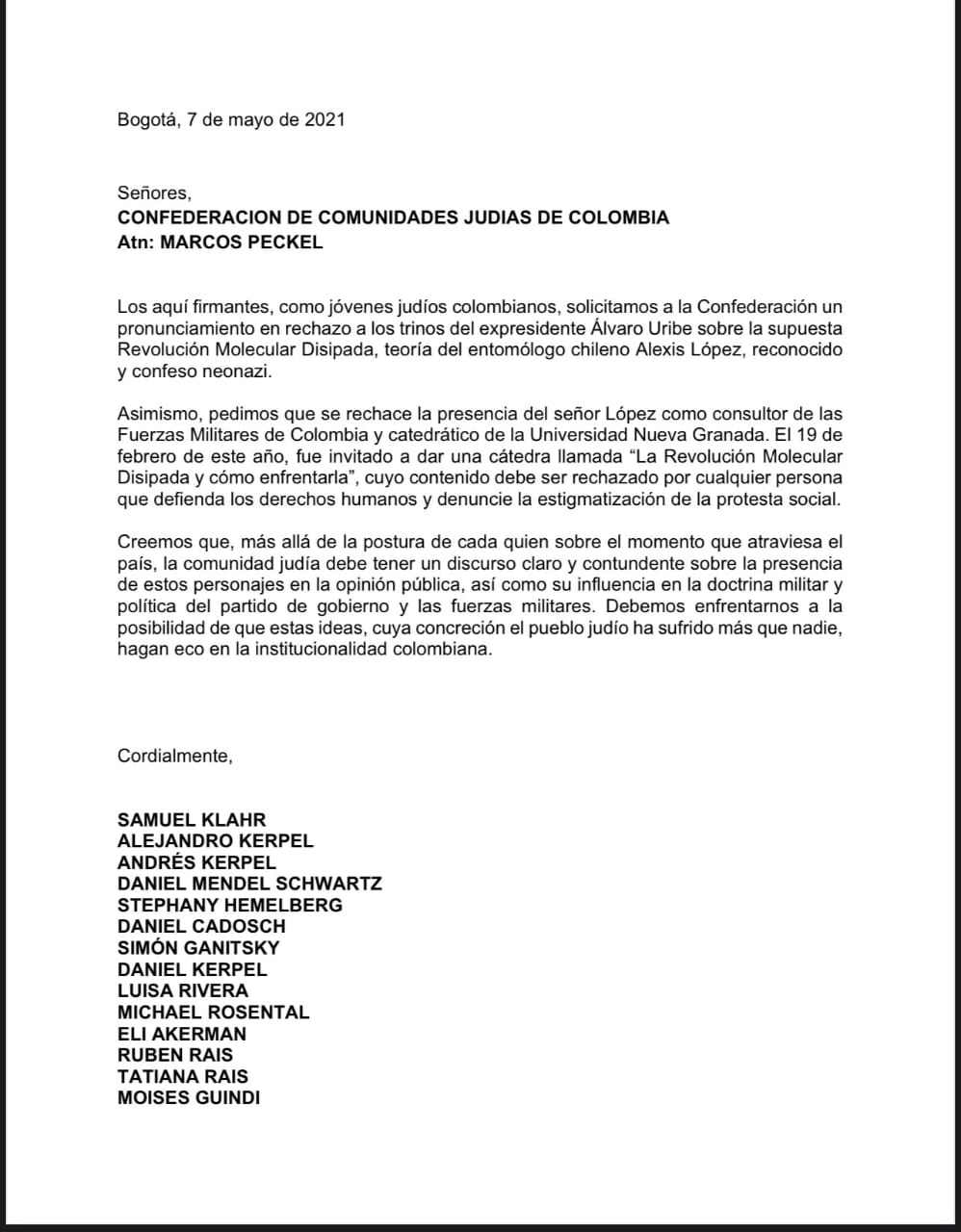 Carta firmada por varios jóvenes judíos en contra de trinos hechos por el expresidente Uribe.