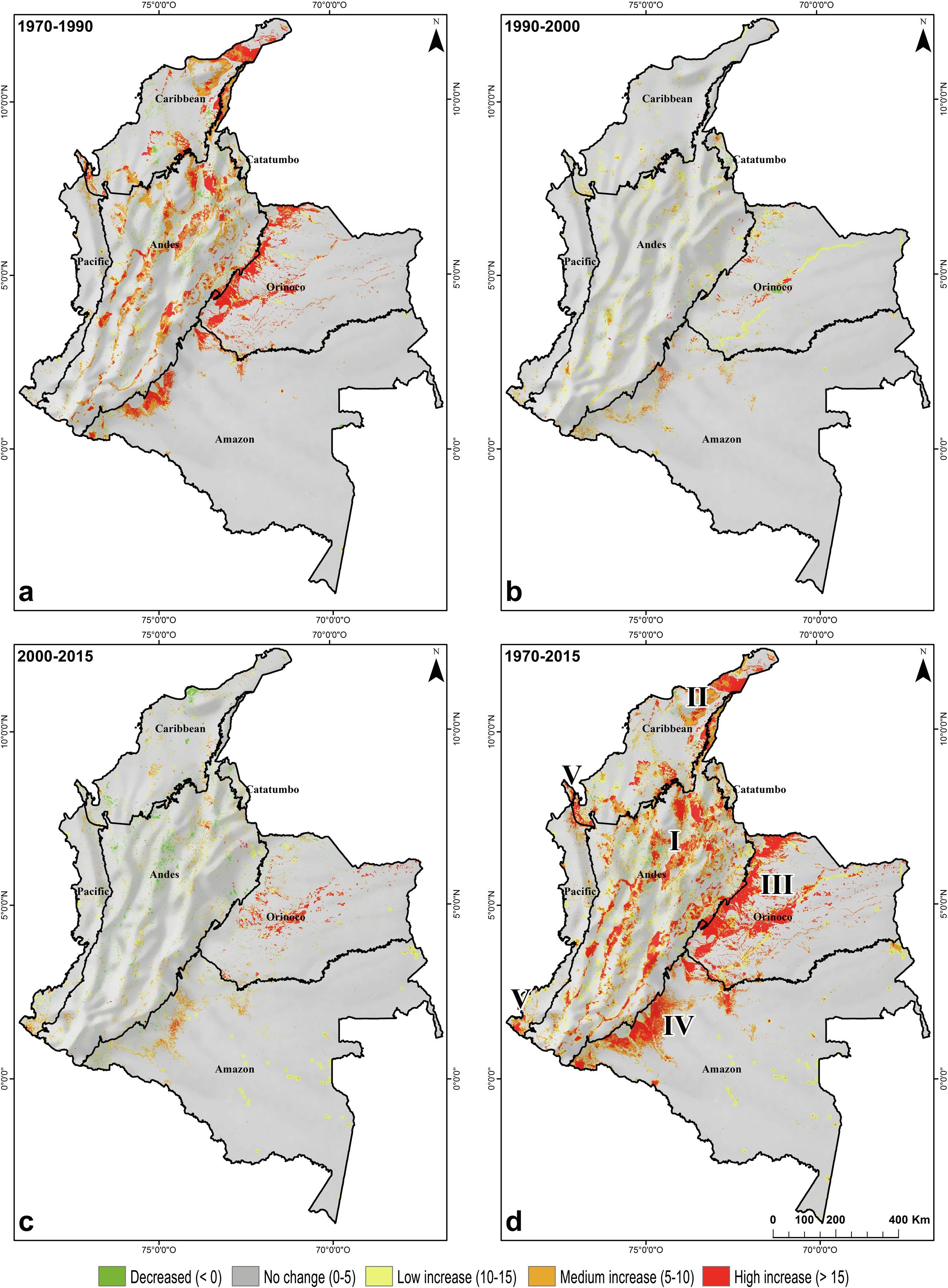 Distribución parcial de los "Hot Spots" o puntos críticos de cambio para cada año evaluado. a) Período 1970–1990. b) Período 1990–2000. c) Período 2000-2015. d) Período 1970–2015. Entre 1970 y 2015 se identificaron cinco puntos críticos de cambio principales: I) Región andina centro-norte. II) Parte baja de la Sierra Nevada de Santa Marta y península de la Guajira. III) estribaciones andino-orinocénces. IV) estribaciones andino-amazónicas en el frente de deforestación de los estados de Caquetá y Putumayo. V) subregión de Darién en el estado del Chocó. V) región del Pacífico suroccidental.