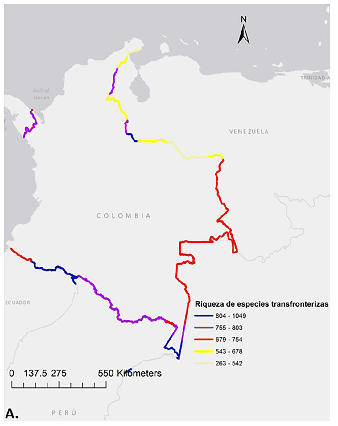 Mapas que muestran el número de especies que se comparten entre los países vecinos (mapa A) y las cuencas hidrográficas transfronterizas (mapa B).