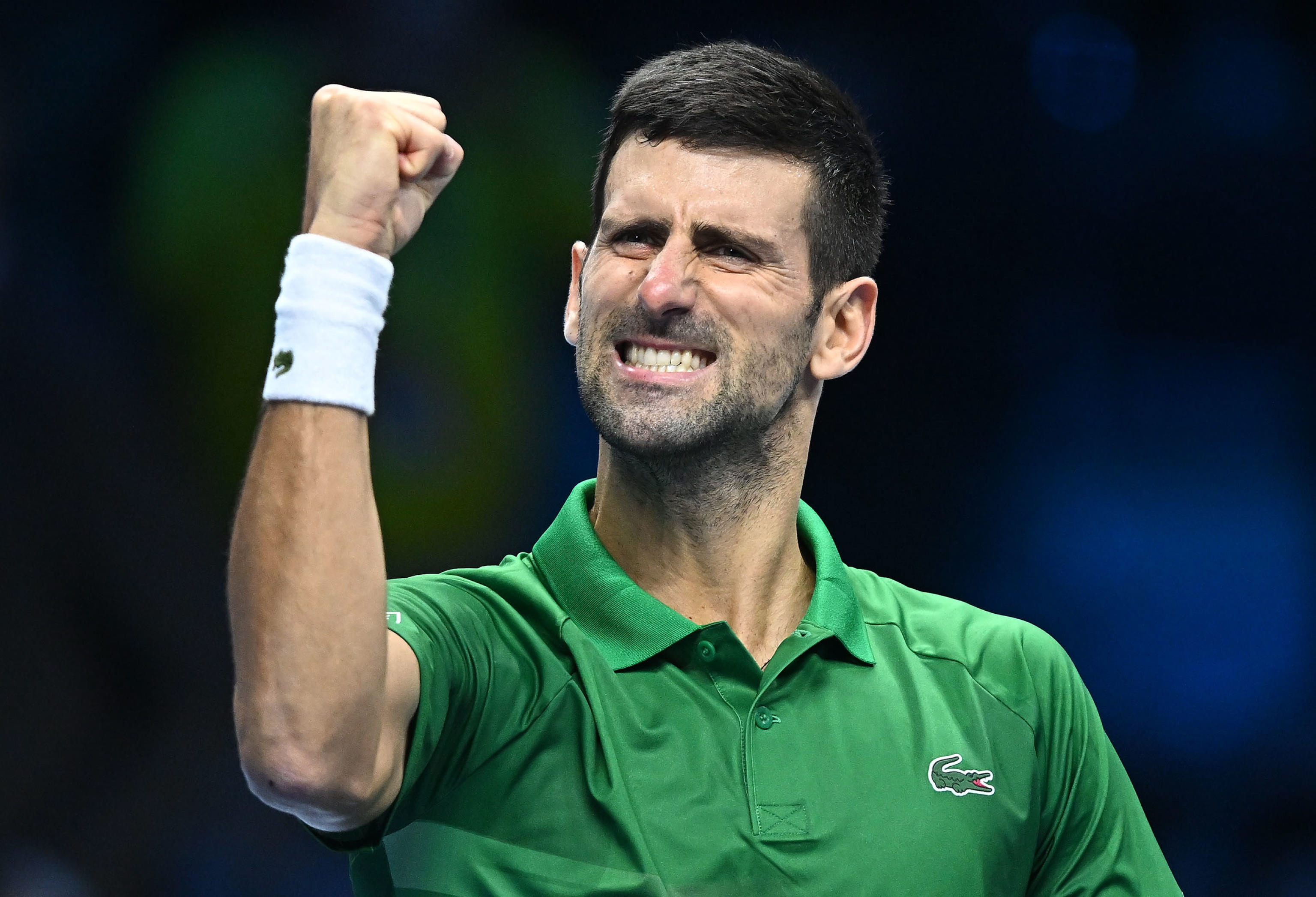 Turin (Italy), 14/11/2022.- Novak Djokovic of Serbia celebrates after winning the match against Stefanos Tsitsipas of Greece at the Nitto ATP Finals 2022 tennis tournament at the Pala Alpitour arena in Turin, Italy, 14 November 2022. (Tenis, Grecia, Italia) EFE/EPA/ALESSANDRO DI MARCO
