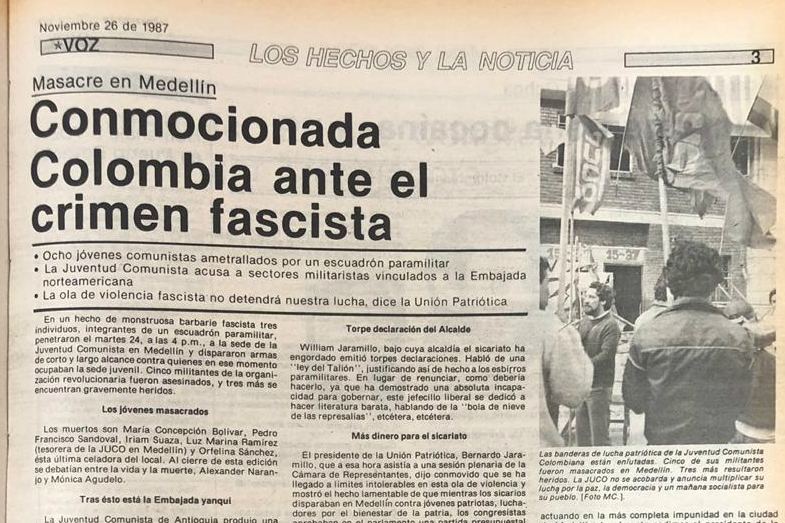 Esta fue la página del Semanario Voz cuando ocurrió la masacre.Semanario VozHoy, 32 años después de la masacre, Agudelo asegura que la JEP significa una esperanza: “Se acude a esa jurisdicción como un reconocimiento a su buen juicio y por el papel que tiene para mostrarle un camino diferente a este país: la justicia restaurativa y no la de la venganza”.
