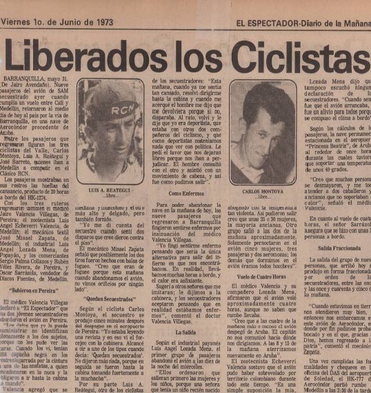 Entre los pasajeros que regresaron figuran los tres ciclistas del Valle, Carlos Montoya, Luís A. Reátegui y José Barreta, quienes iban a Medellín a competir en el Clásico RCN.