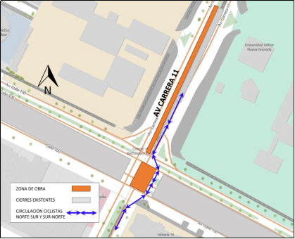 Desvíos para peatones y ciclistas en la calle 100 con carrera 11.