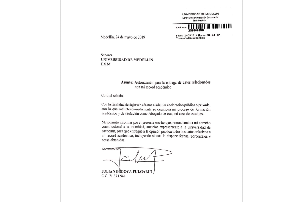 Las explicaciones de Bedoya no fueron suficientes para las autoridades, que decidieron abrir investigaciones para saber si él cometió algún abuso de poder para conseguir su título como abogado. Además, denunció La FM en 2015, Bedoya fue expulsado de la Escuela de Cadetes de Policía General Santander por haber escondido un arma en un baño después de un ejercicio de polígono. En ese momento, Bedoya, quien negó el episodio del arma, aseguró que las denuncias solo tenían el propósito de debilitarlo.