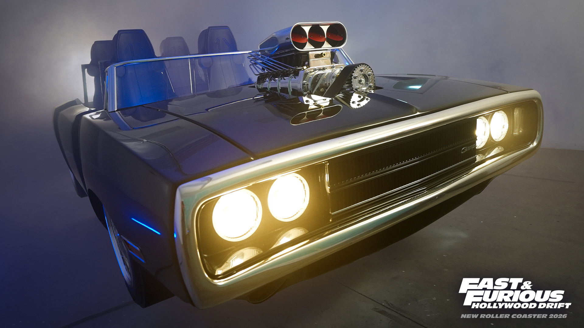El vehículo de la atracción Fast & Furious: Hollywood Drift, inspirado en el Dodge Charger 1970 de Dominic Toretto en Universal Studios Hollywood; la nueva montaña rusa abrirá en 2026.