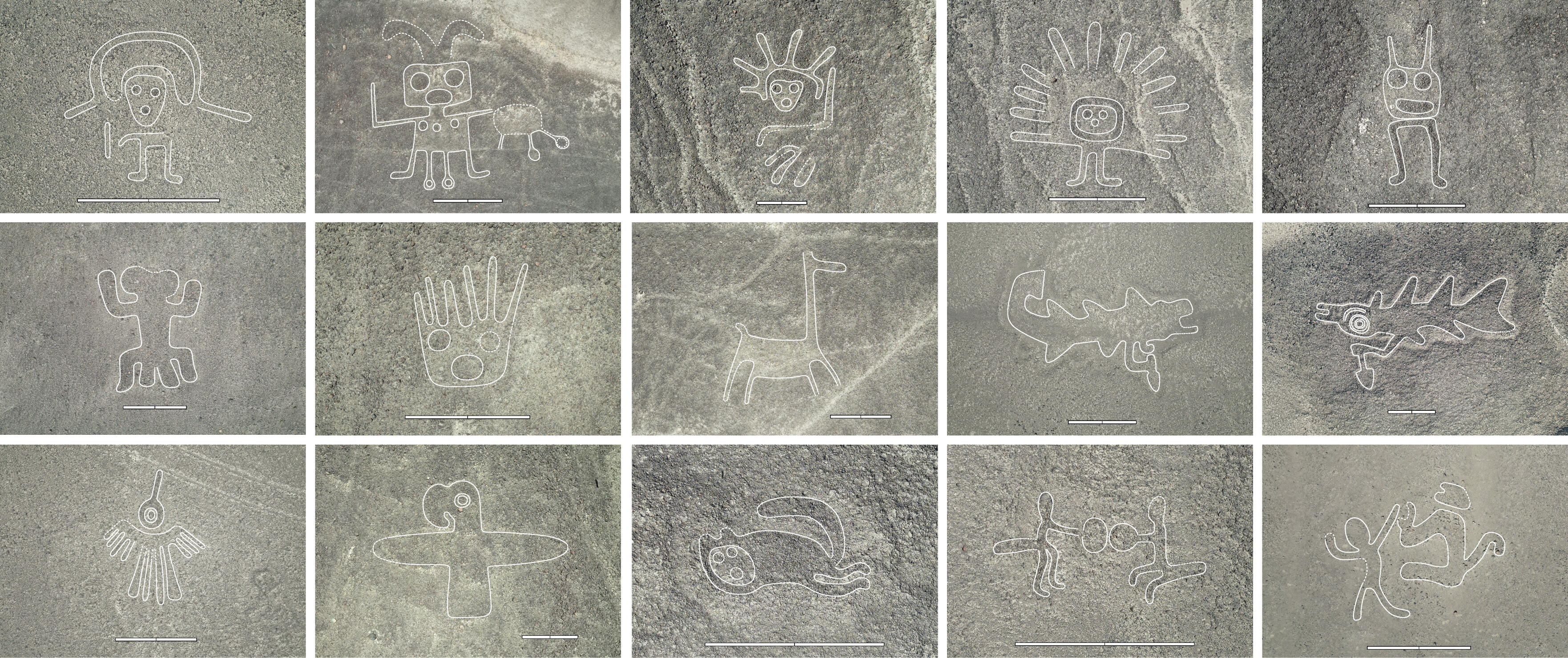 Quince de un total de 303 geoglifos figurativos de tipo relieve recientemente descubiertos a partir del estudio asistido por IA.