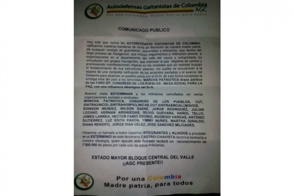 En los panfletos se ofrece $1 millón de pesos contra quienes asesinen a los lideres sociales mencionados en el panfleto./Foto: Archivo particular