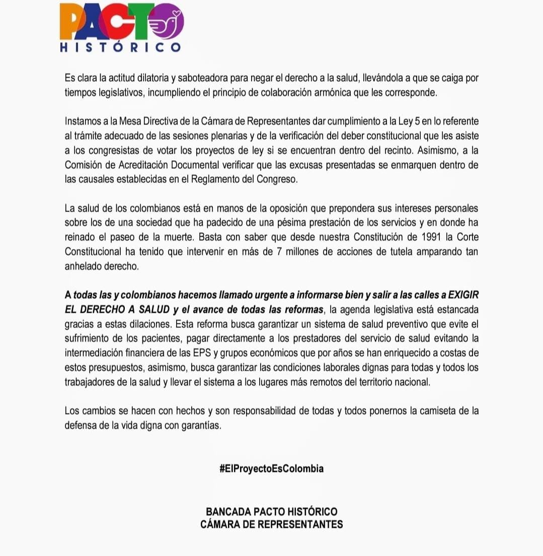 Comunicado oficial del Pacto Histórico.