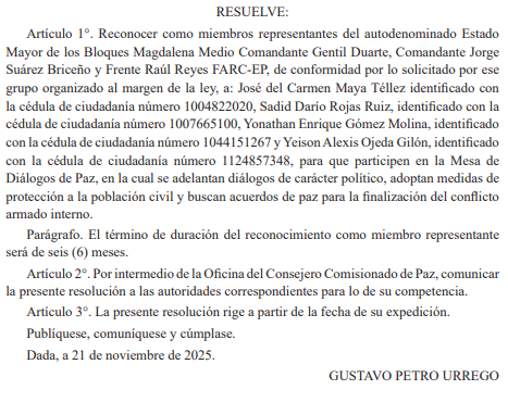 Foto de la resolución en la que se nombran a distintos miembros del EMBF como representantes de esa disidencia en la mesa de diálogos, entre ellos a Yeison Ojeda, conocido como Danilo Alvizú.