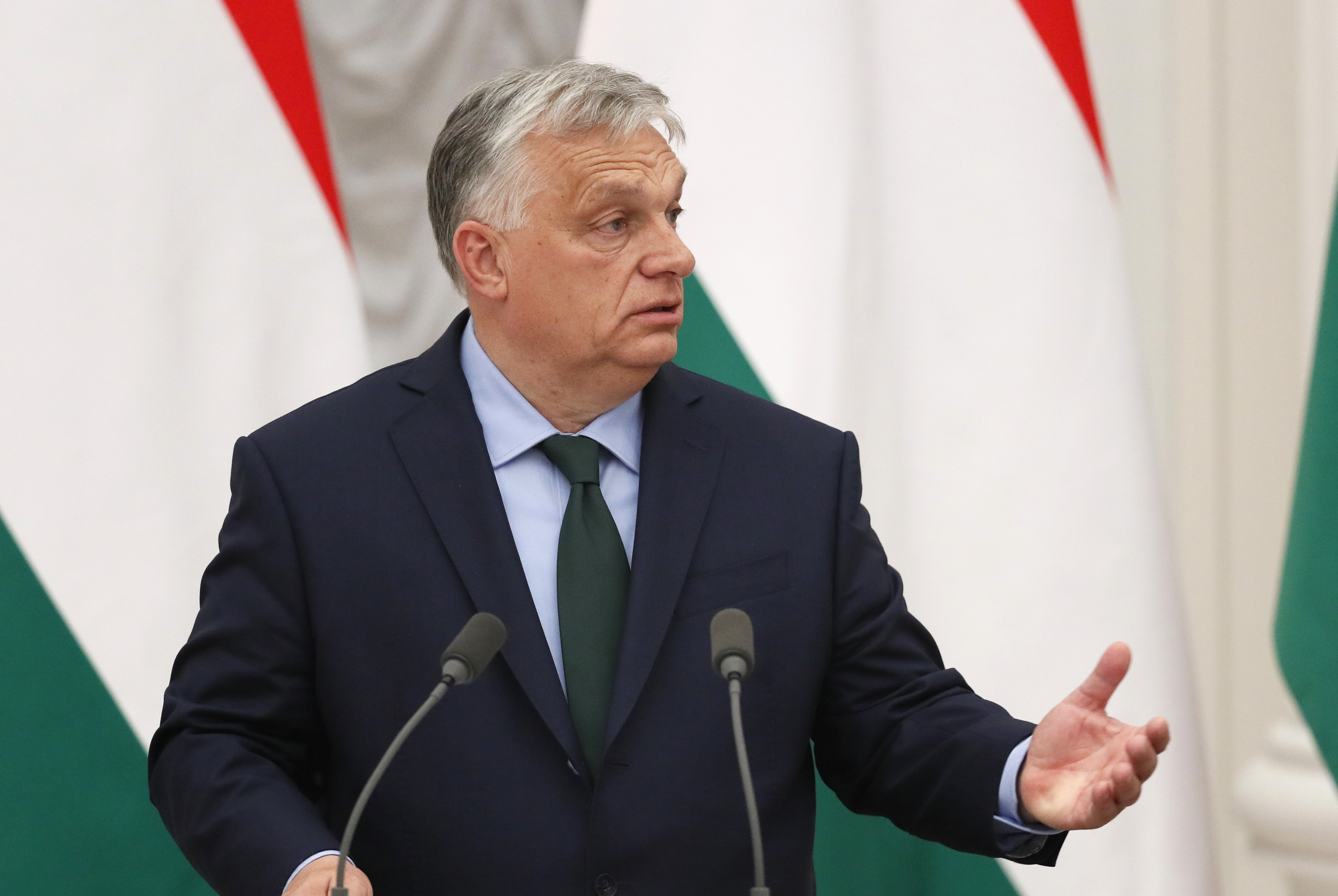 Moscow (Russian Federation), 05/07/2024.- Hungarian Prime Minister Viktor Orban speaks during a joint press conference with Russian President Vladimir Putin (unseen) after their bilateral talks at the Kremlin in Moscow, Russia, 05 July 2024. Viktor Orban is in Moscow for a one-day working visit. (Hungría, Rusia, Moscú) EFE/EPA/YURI KOCHETKOV