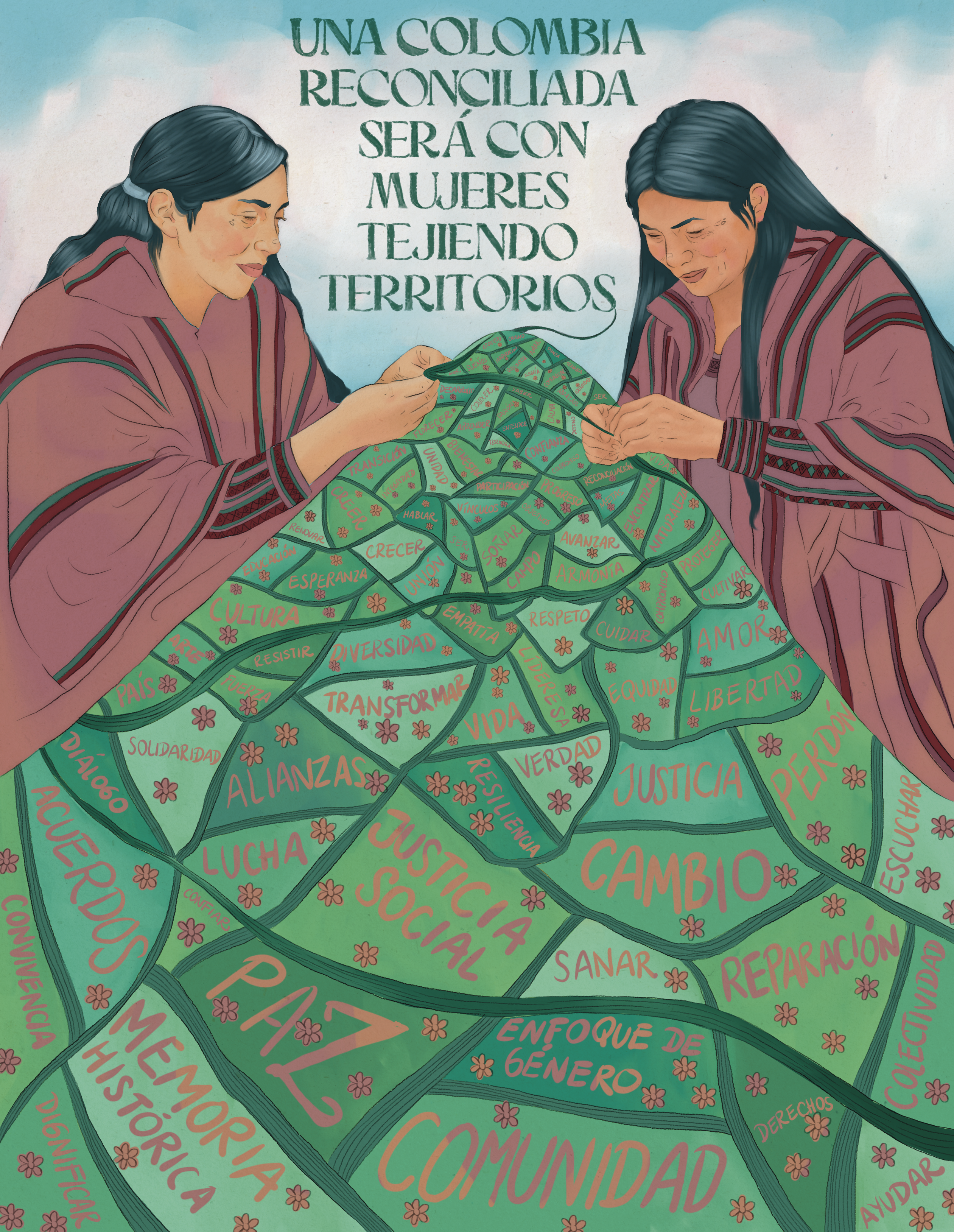 “Mujeres tejiendo territorio”, ilustración de Ana Sofía Goyes ganadora del concurso Trazos de Paz.
