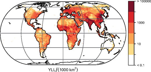 La gráfica muestra los años anuales de vida perdidos por la contaminación del aire. El total global es de 233 millones por año. / Cardiovascular Research.