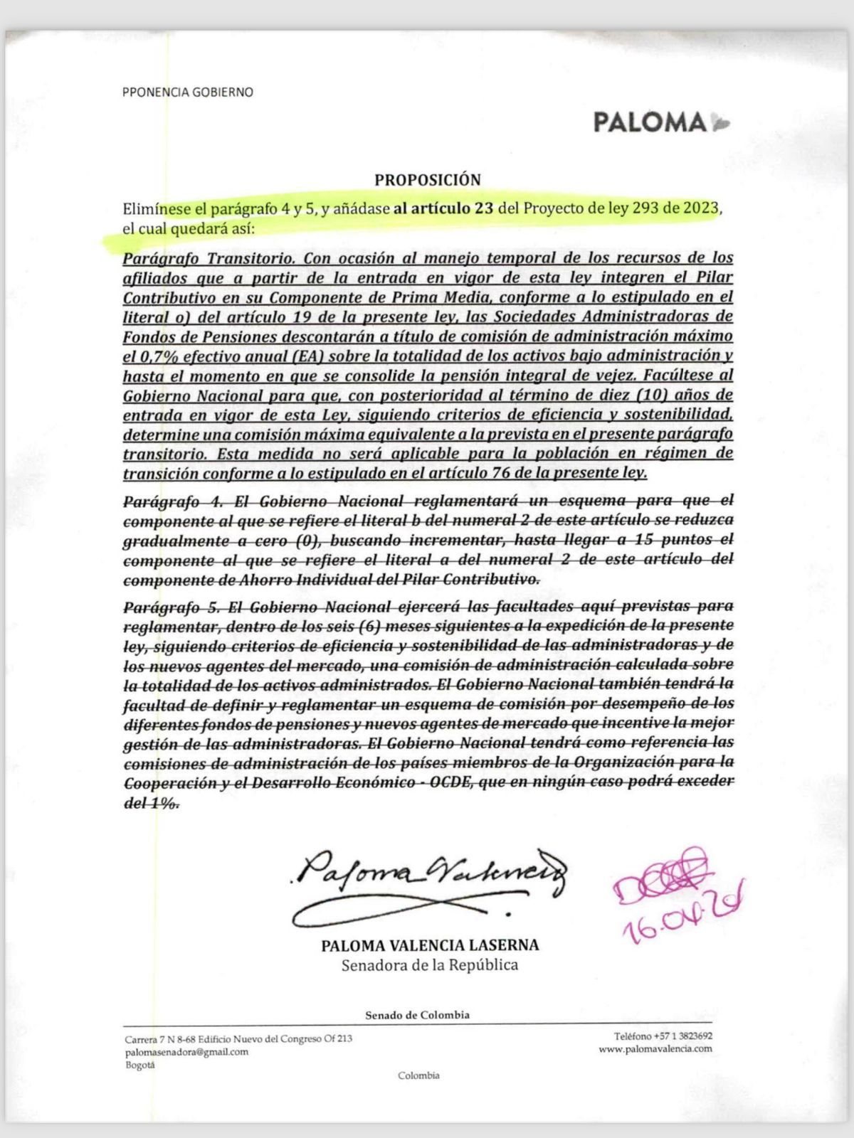 Proposición de la senadora Paloma Valencia sobre comisiones de los fondos privados