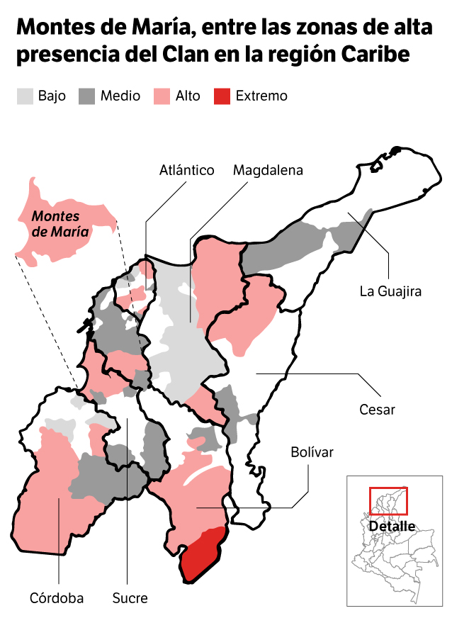 Casi 350.000 habitantes de Montes de María están en riesgo por la gobernanza armada del Clan del Golfo.