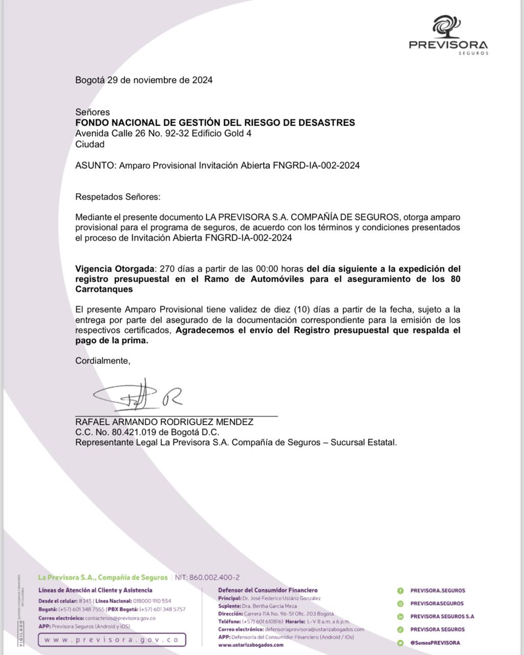 Documento que confirma la emisión de las pólizas de los vehículos.