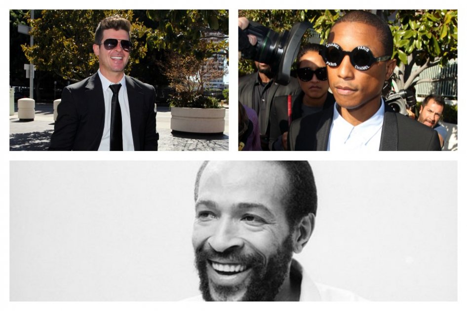 Los músicos Robin Thicke, Pharrell Williams y Marvin Gaye.