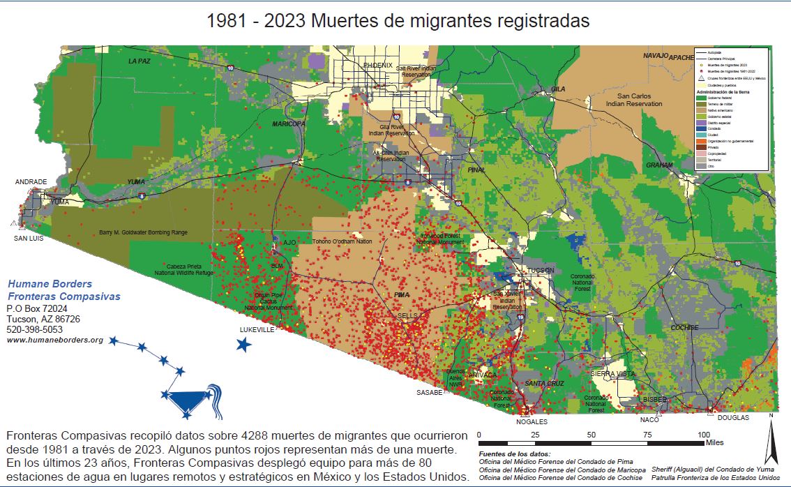 Mapa de muertes de migrantes elaborado y difundido por Humane Borders.