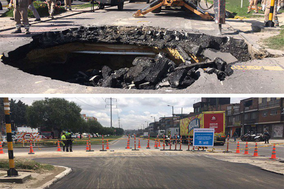 Antes y después del hueco. /Foto: Tomada de Twitter Alcaldía de Bogotá @Bogota