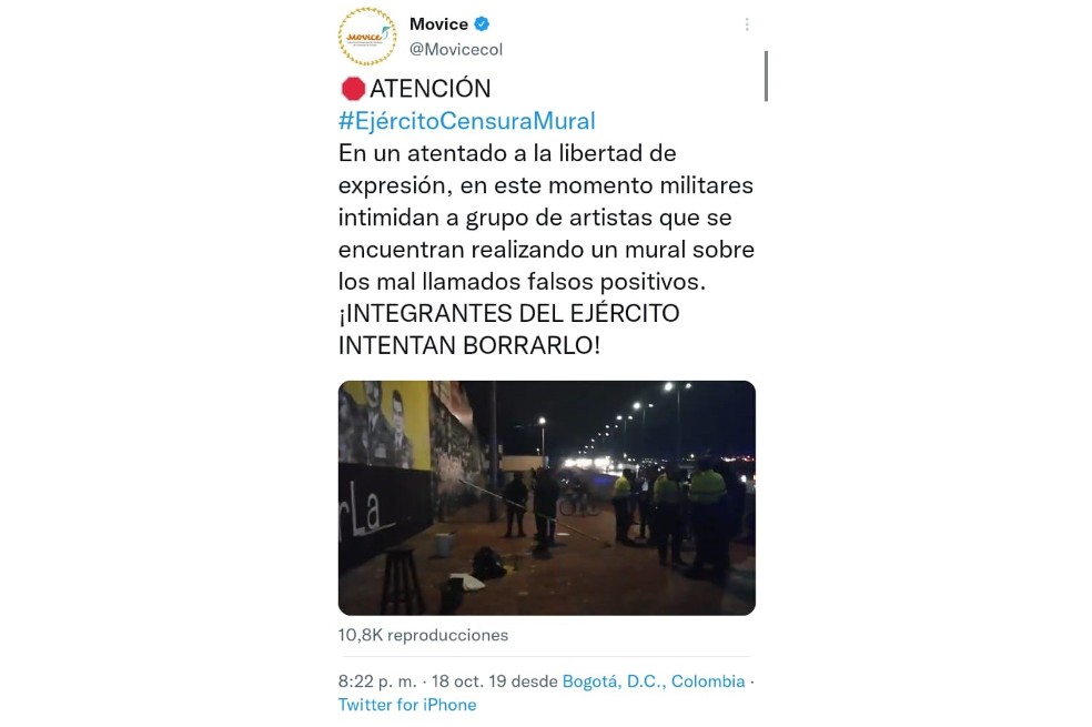 Este fue el primer trino de en el que Movice alertó sobre la censura al mural "¿Quién dio la orden"?