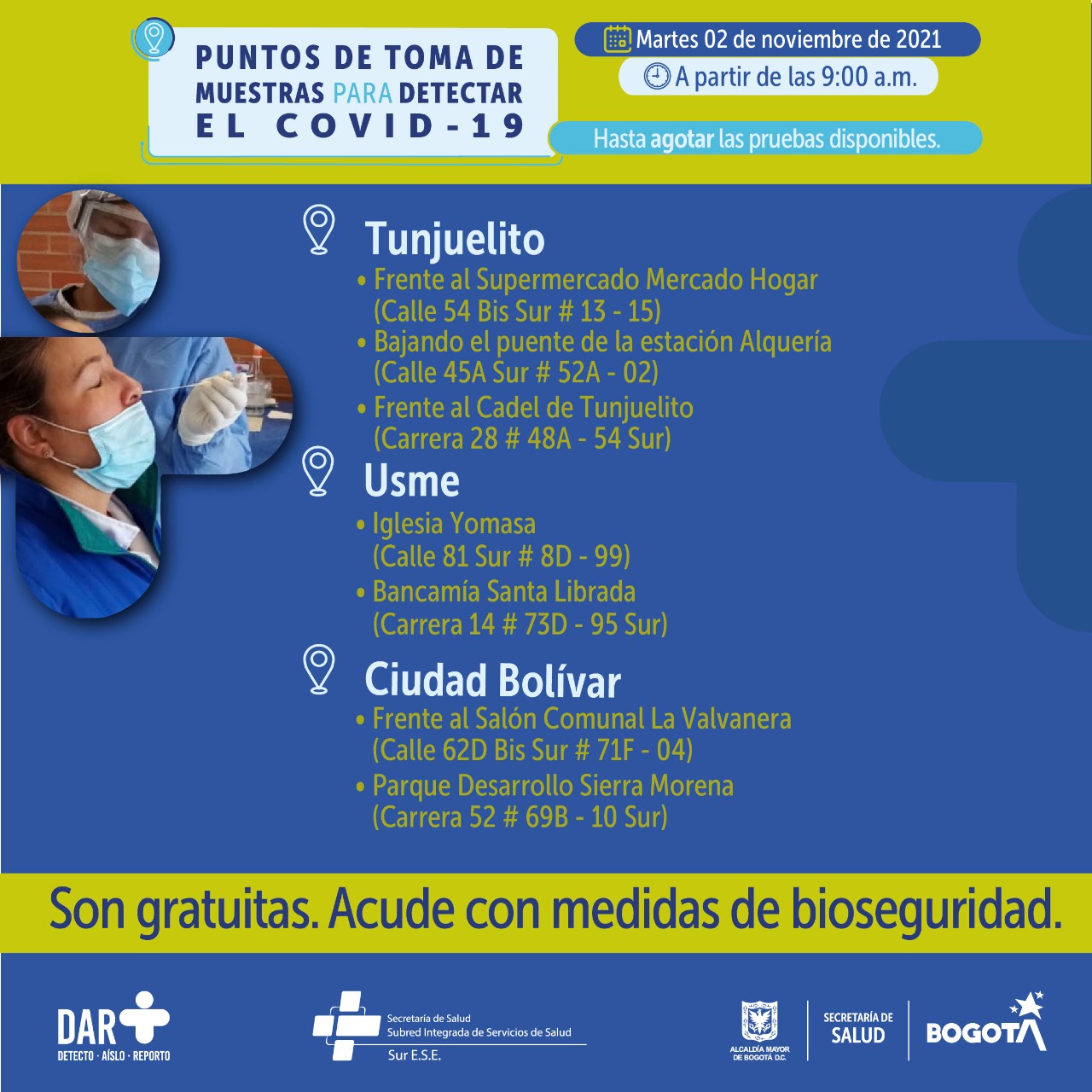 ¿Dónde hay pruebas gratuitas contra Covid-19 este martes en Bogotá?