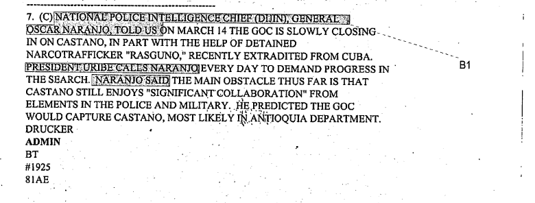 Informe de la CIA que reportó cómo el general Óscar Naranjo reconocía a un funcionario de la embajada que el paramilitar Vicente Castaño tenía colaboradores en el Ejército y la Policía.