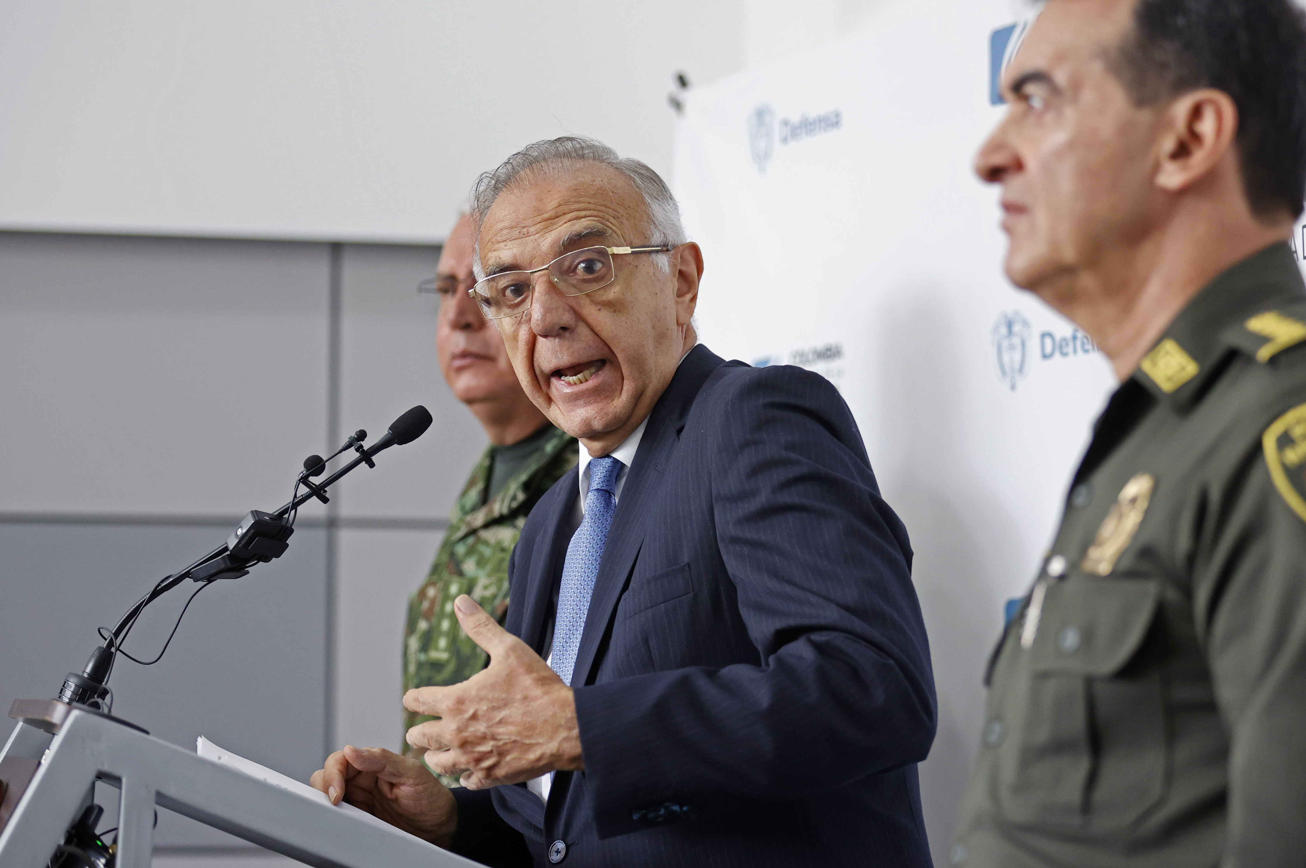 Defense Minister Ivan Velasquez speaks in a press conference in Bogota, Colombia, on 14 March 2024. The Colombian government on Thursday presented a new strategy to strengthen cooperation between the Military Forces and the Police to arrest the 481 people wanted for homicides against social leaders and peace signatories in Colombia since the peace agreement was signed with the FARC in 2016. EFE/ Mauricio Dueñas Castañeda