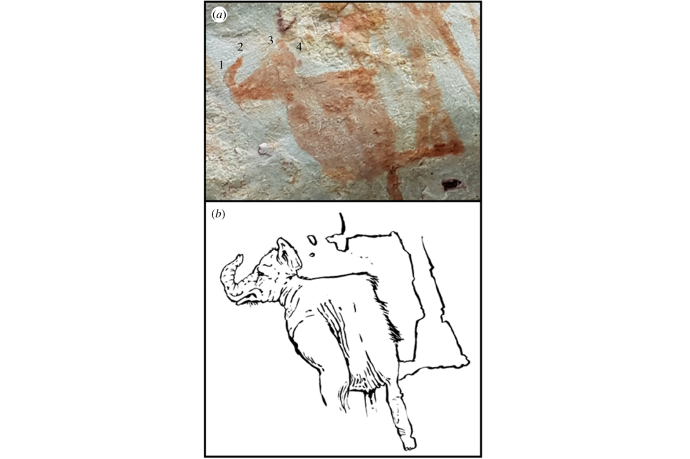 Mastodonte identificado en pictografías de La Lindosa y reconstrucción artística de Mike Keesey.