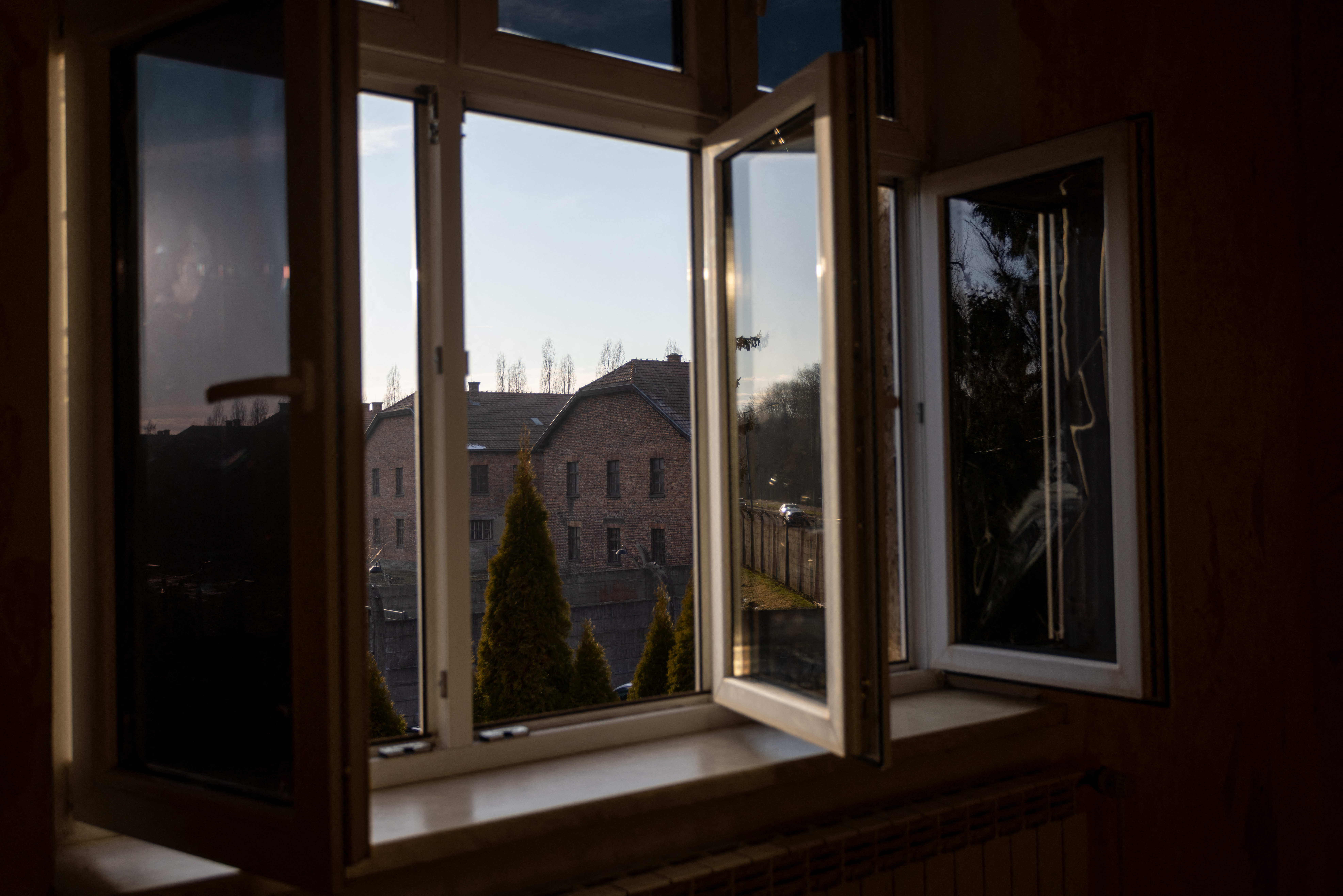 A barracs of the camp can be seen from the window of the former house of Rudolf Hoess - commandant of Auschwitz-Birkenau concentration camp now being turned into the Auschwitz Center on Hate, Extremism and Radicalisation, in Oswiecim, Poland on January 26, 2025.