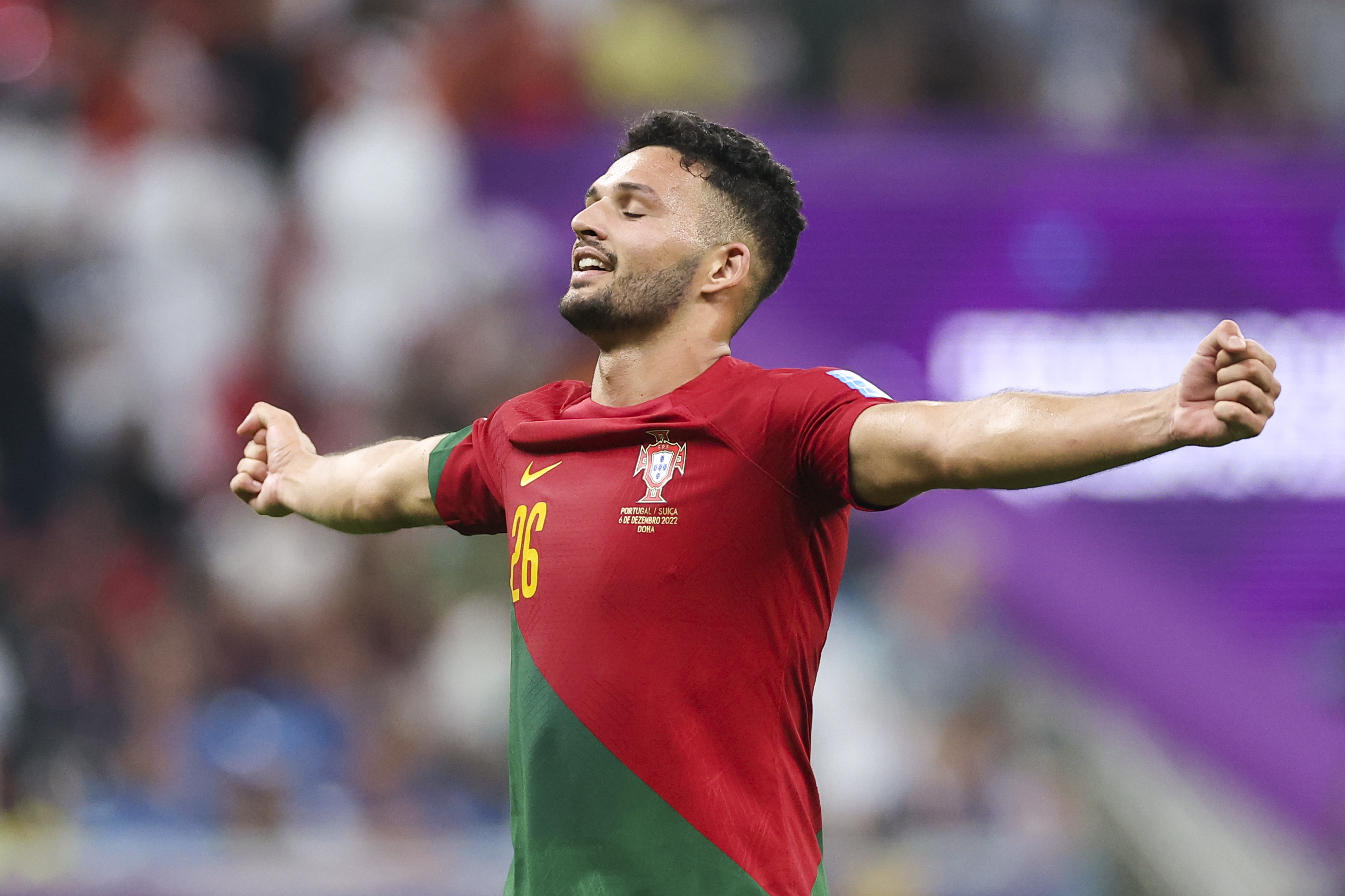 Lusail (Qatar), 06/12/2022.- Goncalo Ramos of Portugal celebrates after scoring during the FIFA World Cup 2022 round of 16 soccer match between Portugal and Switzerland at Lusail Stadium in Lusail, Qatar, 06 December 2022. (Mundial de Fútbol, Suiza, Estados Unidos, Catar) EFE/EPA/JOSE SENA GOULAO