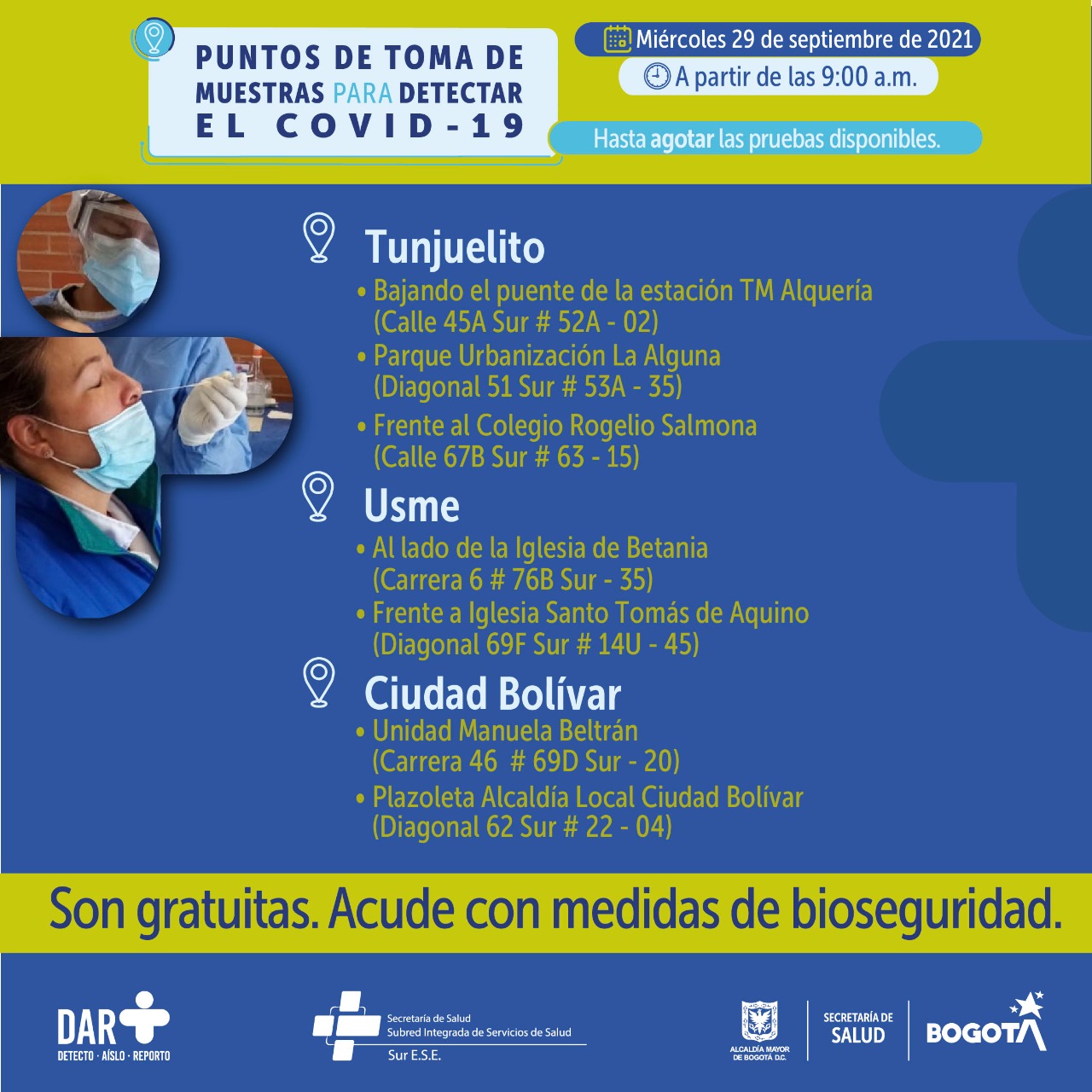 Estos son los puntos para toma de pruebas COVID-19 este miércoles en Bogotá.
