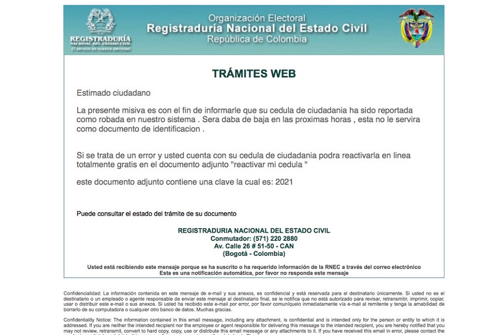 Cuidado con los falsos correos que usan la identidad de la Registraduría