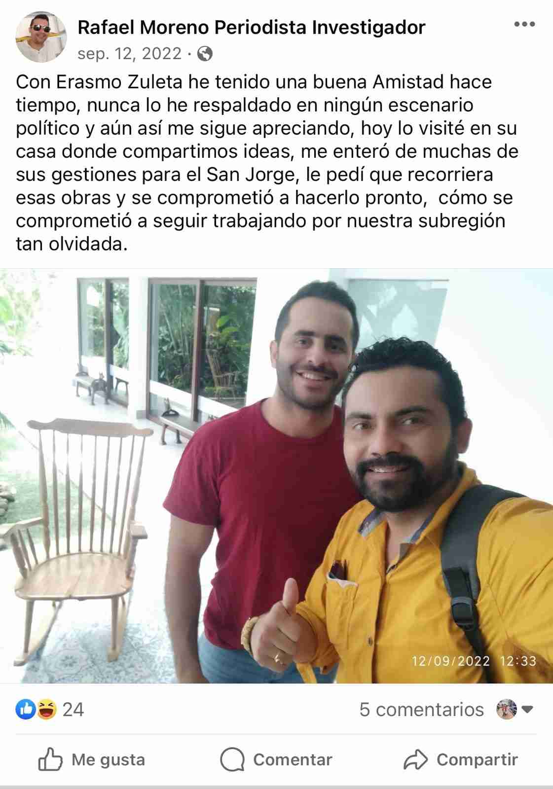 Publicación de Facebook de Rafael Moreno hablando de su entrevista a Erasmo Zuleta, el 12 de septiembre de 2022.