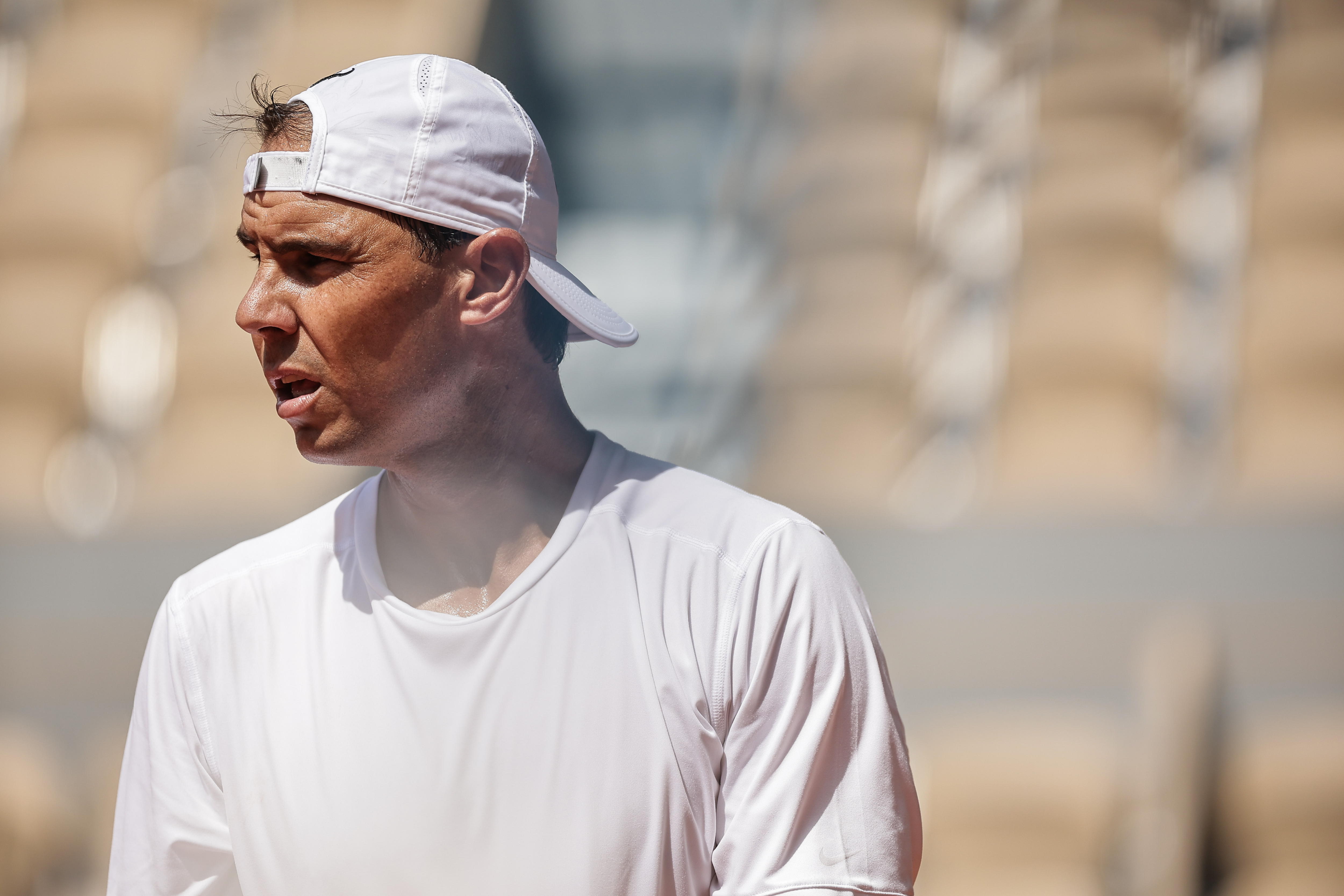 Paris (France), 21/05/2024.- Rafael Nadal of Spain in action during a training session open to the public on the Philippe Chatrier court at Roland Garros in Paris, France, 21 May 2024. The 123th French Open tennis tournament starts with its first round matches on 26 May 2024. (Tenis, Abierto, Francia, España) EFE/EPA/CHRISTOPHE PETIT TESSON