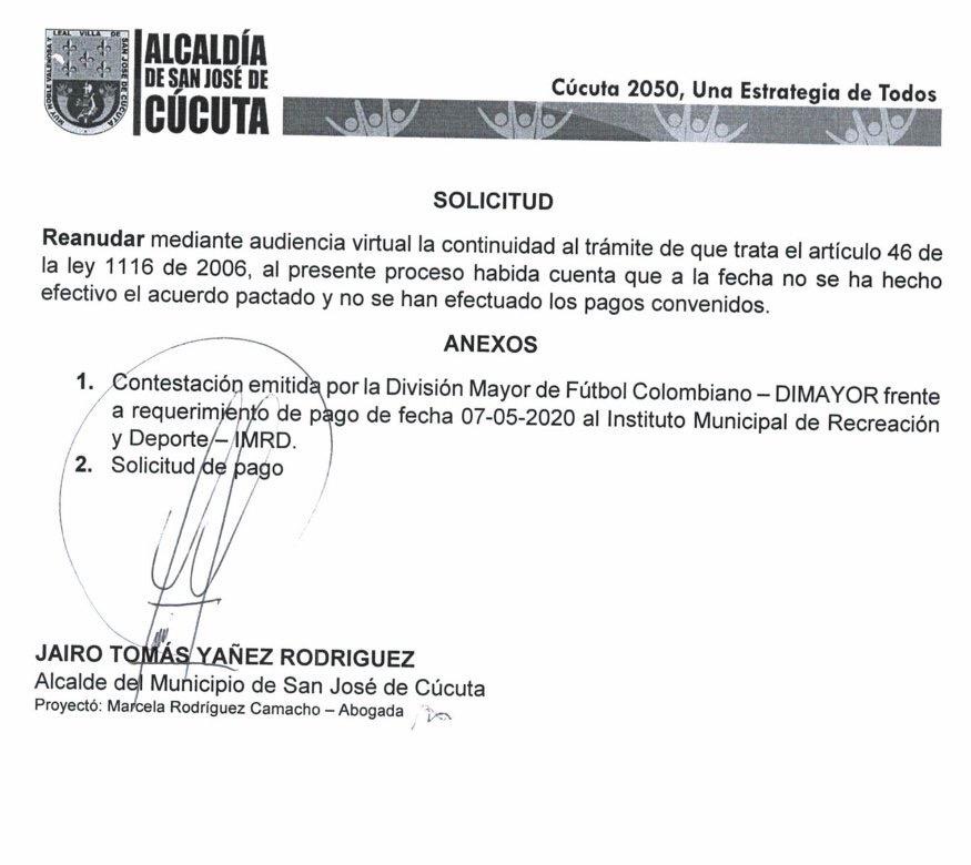 Segunda hoja de la carta que le envió la alcaldía de Cúcuta a Supersociedades.