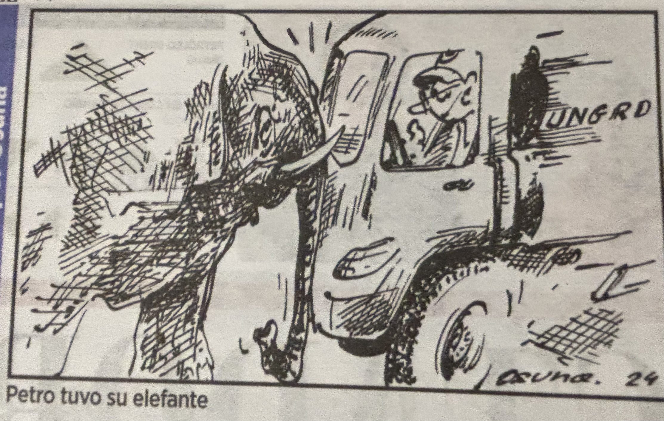 Como referencia al elefante que se convirtió el escándalo 8.000 para la presidencia de Samper, Osuna pintó al mismo animal, pero en la presidencia de Petro por los alcances que se han conocido del escándalo de corrupción de la Unidad para la Gestión del Riesgo de Desastres (Ungrd).